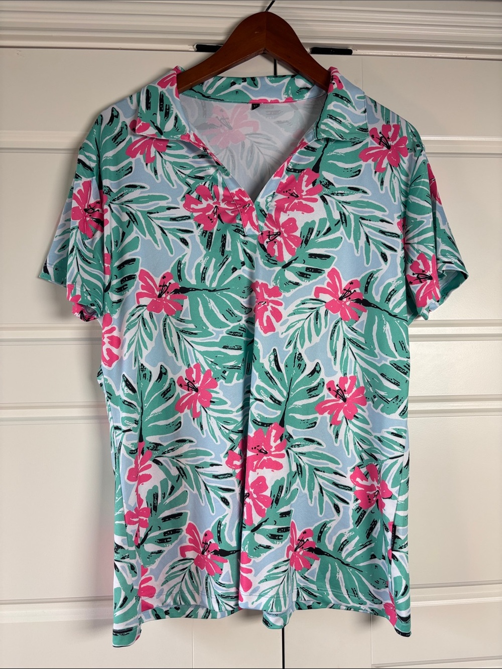 Soneven Tropical Floral Short-Sleeve Button Front Top - Pink & Mint-XL